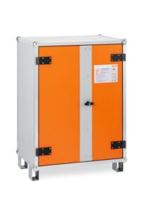 Oranje en grijze veiligheidskast voor lithium-ion batterijen van Battery Locker